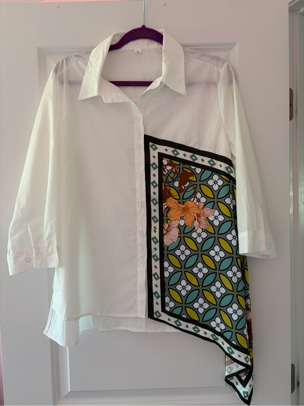 White Button-Down Shirt with Green Floral Scarf Panel